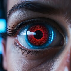 Futuristic Eye with Red and Blue Digital Overlay