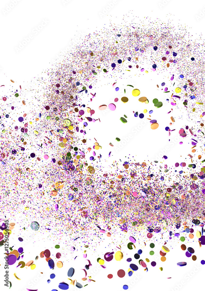 Poster multicolor confetti abstract background with a lot of falling pieces, isolated on a white background