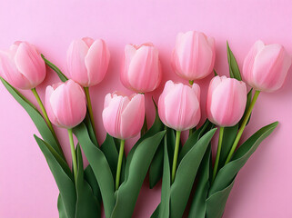 Fototapeta premium A serene arrangement of pink tulips on a soft pastel background, perfect for spring-themed designs, Valentine's Day, Mother's Day, or birthdays.