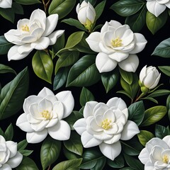 Seamless Pattern of White Gardenias and Lush Green Leaves