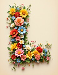 letter, L, floral, flowers, vibrant, colorful, artistic, elegant, design, organic, natural, red, yellow, pink, blue, white, blooms, green, leaves, accents, beige, background, soft, texture, warm, 