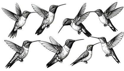 Obraz premium Eight Hummingbirds in Flight, Black and White Sketch