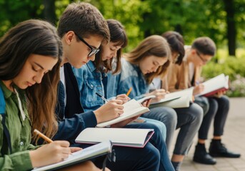 Fototapeta premium Teens Writing in Notebooks Outdoors