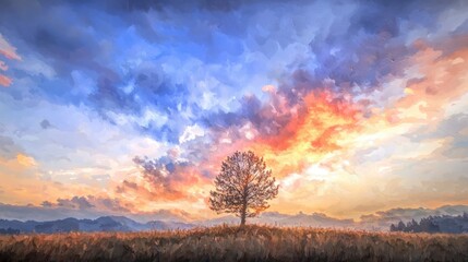 Serene Sunset Landscape  Oil Painting Style  Tree  Meadow  Vibrant Sky