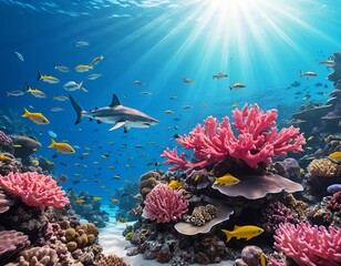 Naklejka premium Vibrant Coral Reef with Grey Reef Shark and Colorful Fish