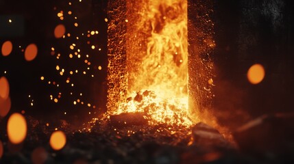 Fiery metal forging in a dark workshop