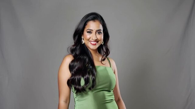 beautiful Indian or pakistani East Asian woman age 35 with long thick wavy black hair posing and smiling for the camera wearing green dress
