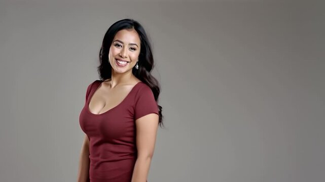 beautiful pakistani or Indian east asian woman age 35 with thick wavy black hair posing and smiling for the camera wearing dark red dress