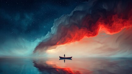 Naklejka premium Surreal Seascape Lone Figure in Boat Starry Night Colorful Clouds