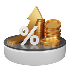 3d growth money with wealth financial business success finance graph stock profit investment chart. Up arrow with gold coins. Financial economy concept rise gold strategy cash currency.