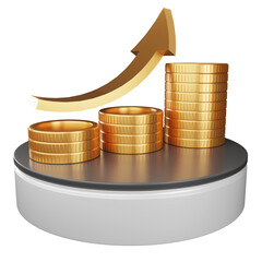 3d growth money with wealth financial business success finance graph stock profit investment chart. Up arrow with gold coins. Financial economy concept rise gold strategy cash currency.
