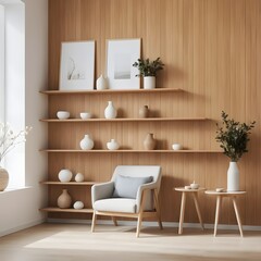 Fototapeta premium Minimalist Living Room Interior with Wooden Shelving and Armchair