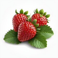 Three Fresh Strawberries with Green Leaves