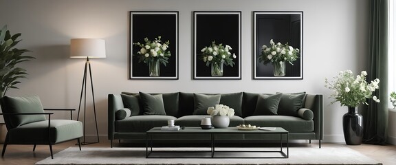 Modern Living Room Interior with Green Velvet Sofa and White Flower Decor