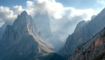 Fototapeta premium Tall mountain peaks with clouds in blue sky