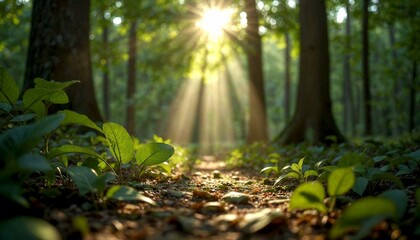 Sun Rays Filtering Through Forest Trees