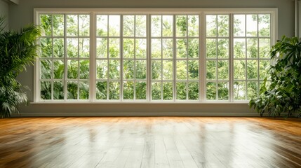 Fototapeta premium Bright Room Hardwood Floor Large Windows Green View Minimalist Interior Design