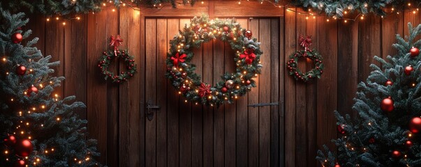 elegant depiction of a glowing Christmas wreath hanging on a rustic wooden door framed by garlands, Generative AI