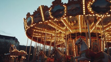 Illuminated carousel at twilight, city in background. Possible use Stock photo for travel brochures, tourism websites, or advertising