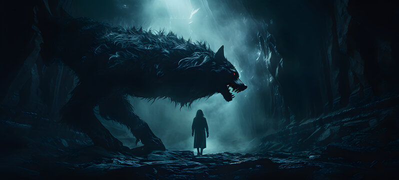 A lycan wearing a mask and walking into a magical cave where some bear sleep, ai generative