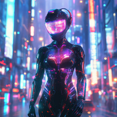 Futuristic cybernetic figure neon cityscape digital art urban environment close-up view sci-fi concept
