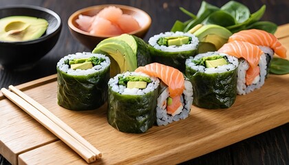 Delicious Sushi Rolls with Avocado and Salmon on Wooden Board