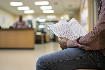 A man in a waiting room clutches his unemployment documents, listening as names are called