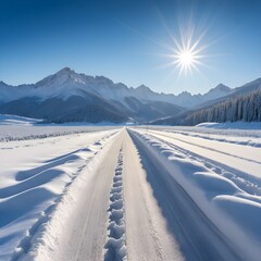 Snow-Covered Road Leading to Snowy Mountains on a Sunny Winter Day