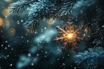 glowing snowflake ornament hanging on a frosted pine tree branch, framed by softly falling snowflakes, Generative AI