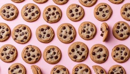Obraz premium Delicious Chocolate Chip Cookies on Pink Background