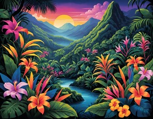 Lush Tropical Paradise at Sunset