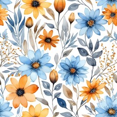 Watercolor Floral Seamless Pattern Blue and Orange Flowers