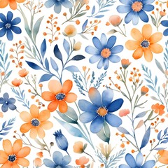 Watercolor Floral Seamless Pattern in Blue and Orange Hues