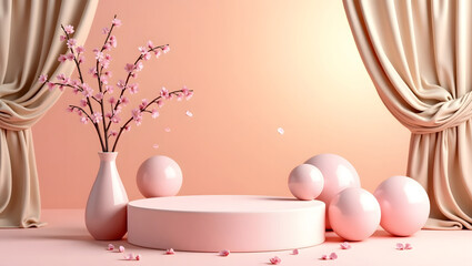 Fototapeta premium A pink podium with cherry blossom in a ceramic vase adds a modern and simple touch.