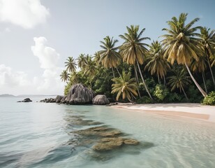 Idyllic Tropical Beach with Palm Trees and Rocks