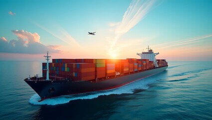 Colorful container ships sail across calm turquoise waters, while above them, small airplanes soar across the clear blue sky, highlighting the importance of modern shipping in international trade.