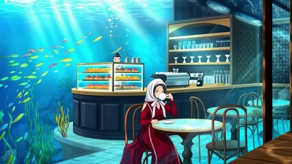 Undersea Cafe Woman Drinking Coffee