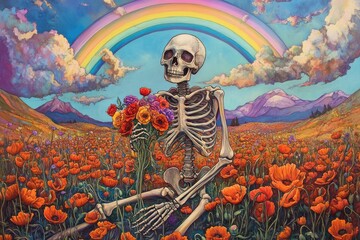 Skeleton Holding Flowers in Poppy Field Rainbow Sky