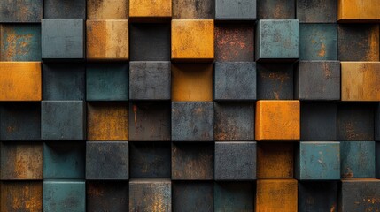 Abstract Rusty Cube Wall: A 3D Render of Textured Blocks in Earthy Tones