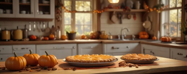 Warm and cozy autumn kitchen scene with freshly baked pies and pumpkin decor, dessert, aroma, kitchen