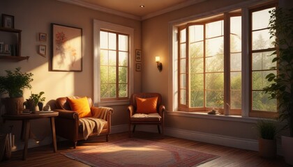 Warm light spilling through a window into a cozy reading nook, morning atmosphere, relaxed ambiance