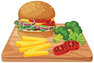 Delicious Burger with Fries and Vegetables