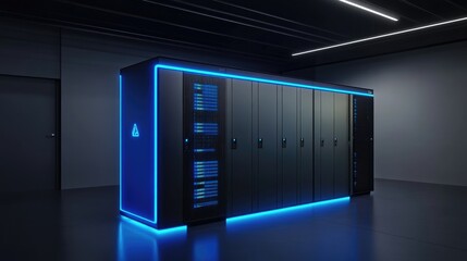 A modern data center with sleek server cabinets illuminated by blue LED lights, symbolizing high-tech computing, cloud storage, and cybersecurity. Ideal for IT, network security, and futuristic tech