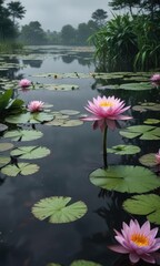 Water lilies on a darkened pond in rainy weather, mystical water, illuminated nature, underwater plants