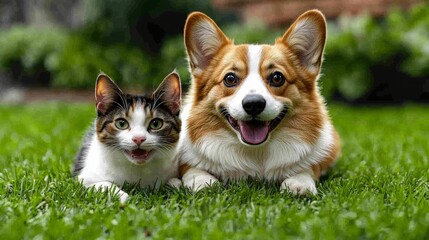 Happy Cat and Dog on Green Grass  Best Friends  Pets  Animals  Companionship