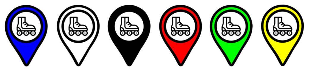Obraz premium Flat map point icons for rollerdrome, inline skating places, inline skate rental shops, in different colors, location icons set on transparent background. Position symbols or GPS positioning