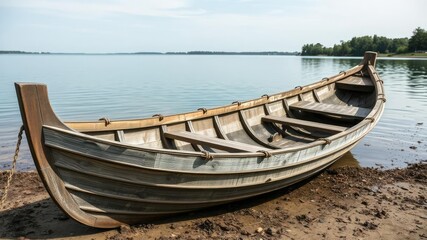 Fototapeta premium Weathered wooden boat on a lake shore, wooden boats, weathered wood