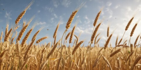 Fototapeta premium Wheat stalks with falling leaves and ripe grain, fall colors, golden wheat, country scene