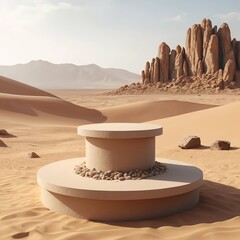 Minimalist Beige Product Display Stand in Desert Landscape