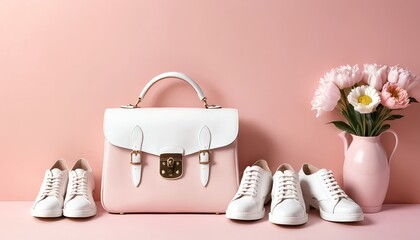 Stylish White Sneakers, Pink Handbag, and Pink Flowers on Pink Background